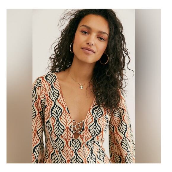 Free People Gia Shift Dress Size Medium Floral Geometric Pattern Lace-Up‎ Fall - Picture 3 of 13